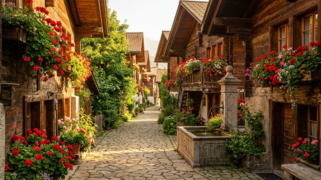 Hẻm nhỏ lát đá trong làng Alps Thụy Sĩ với nhà gỗ chalet và hoa phong lữ đỏ