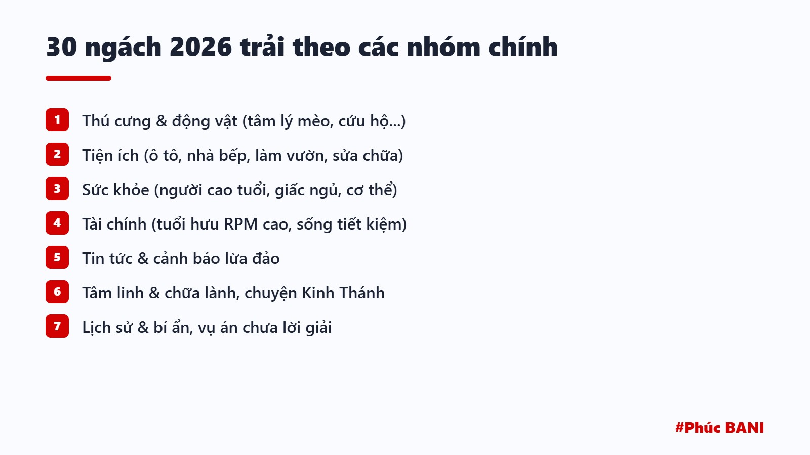 Sơ đồ các nhóm ngách trong bộ 30 ngách YouTube 2026: thú cưng, tiện ích, sức khỏe, tài chính, tin tức, tâm linh, lịch sử