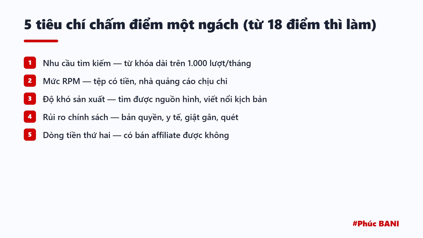 Sơ đồ 5 tiêu chí chấm điểm ngách: nhu cầu tìm kiếm, RPM, độ khó, rủi ro, dòng tiền thứ hai
