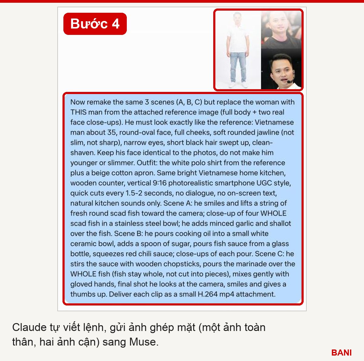 Bước 4: lệnh gửi Muse kèm ảnh ghép mặt Phúc, khoanh đỏ ảnh tham chiếu và câu lệnh