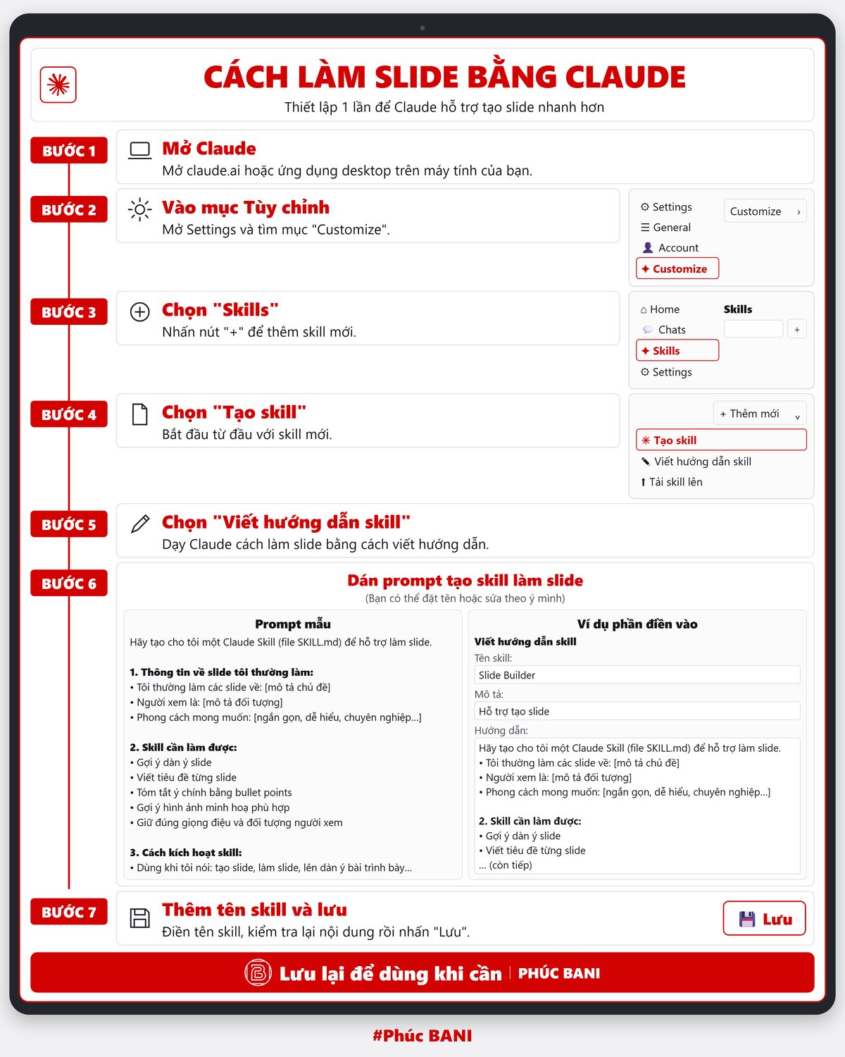 Infographic 7 bước làm slide bằng Claude: mở Claude, vào Customize, chọn Skills, Tạo skill, Viết hướng dẫn skill, dán prompt, lưu