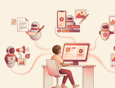 Minh hoạ phòng marketing bằng AI Agent: năm trợ lý AI làm blog, video, ảnh, quảng cáo, bài đăng và một người duyệt ở giữa