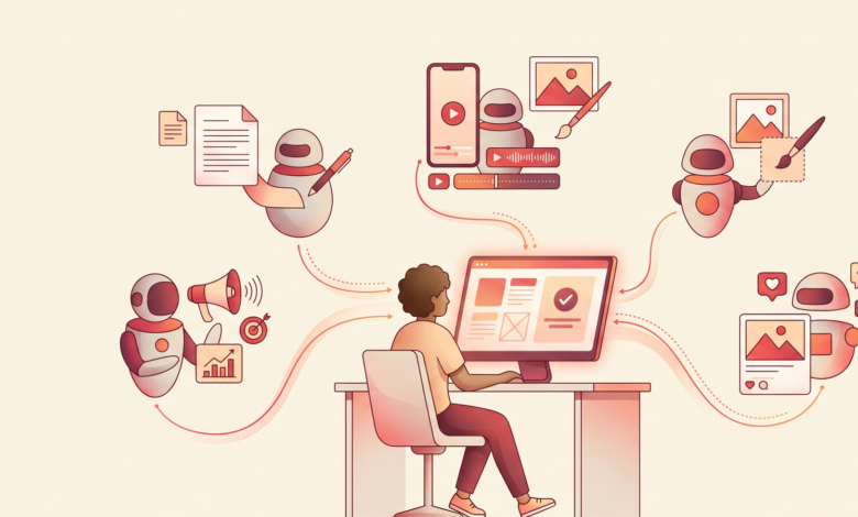 Minh hoạ phòng marketing bằng AI Agent: năm trợ lý AI làm blog, video, ảnh, quảng cáo, bài đăng và một người duyệt ở giữa