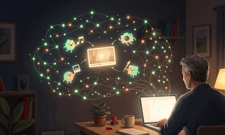 Minh hoạ người làm video bằng AI không lộ mặt: nhiều trợ lý AI cùng ghép một video