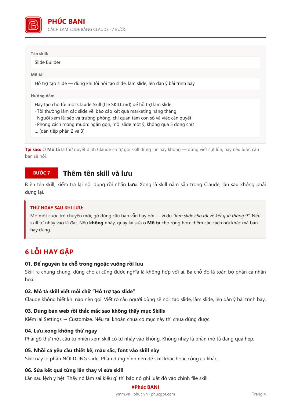Ví dụ màn hình đã điền xong skill Slide Builder và danh sách 6 lỗi hay gặp khi làm slide bằng Claude